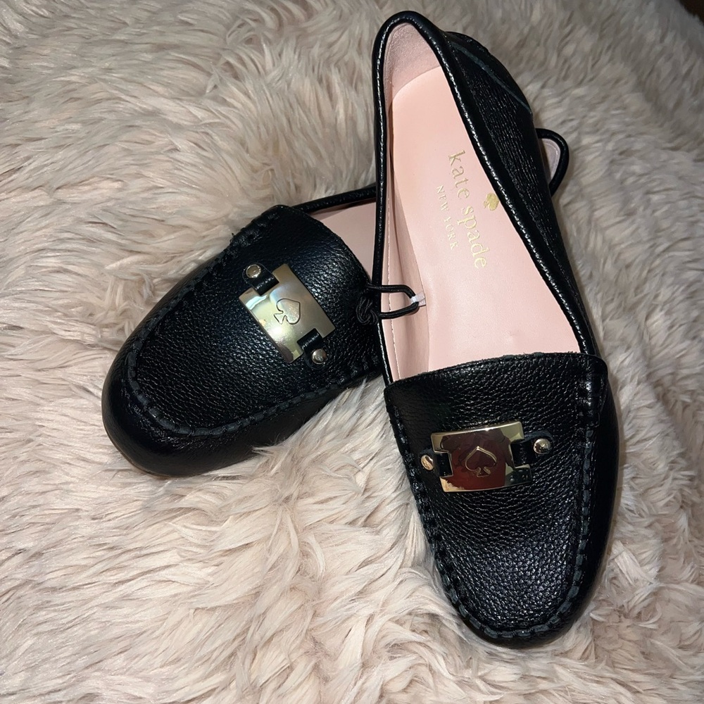Kate Spade Black Textured Loafers with Gold‎ Accent